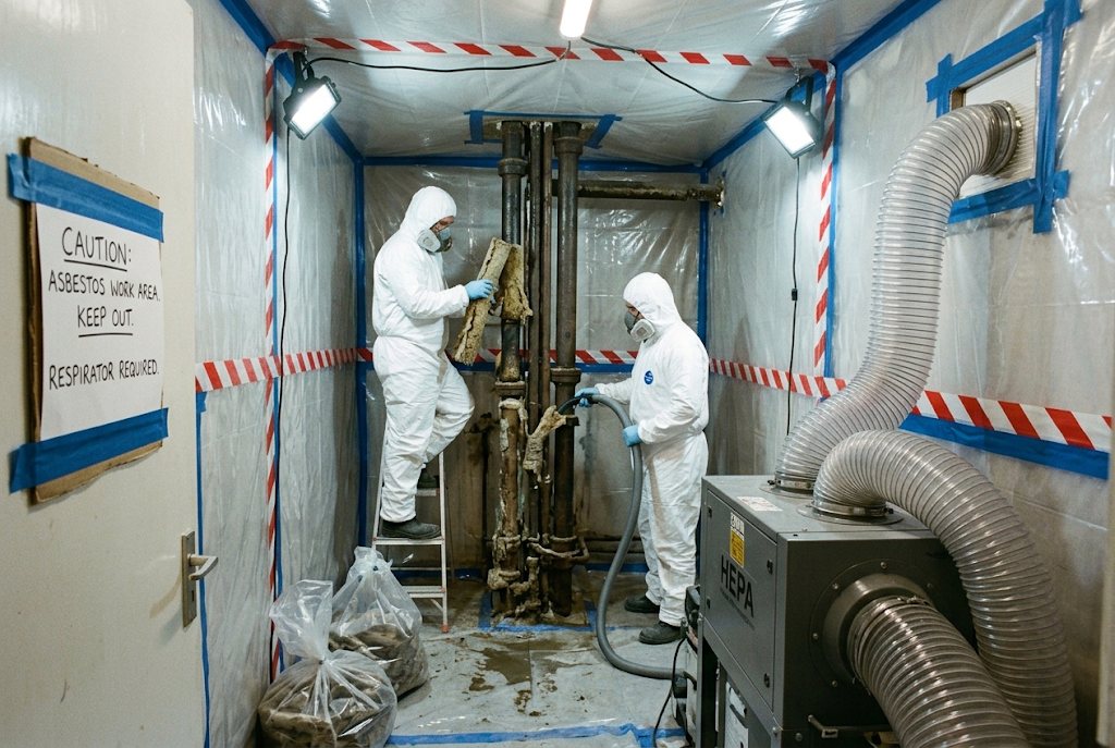 Operatives stripping old pipe lagging inside a sealed enclosure with extraction units